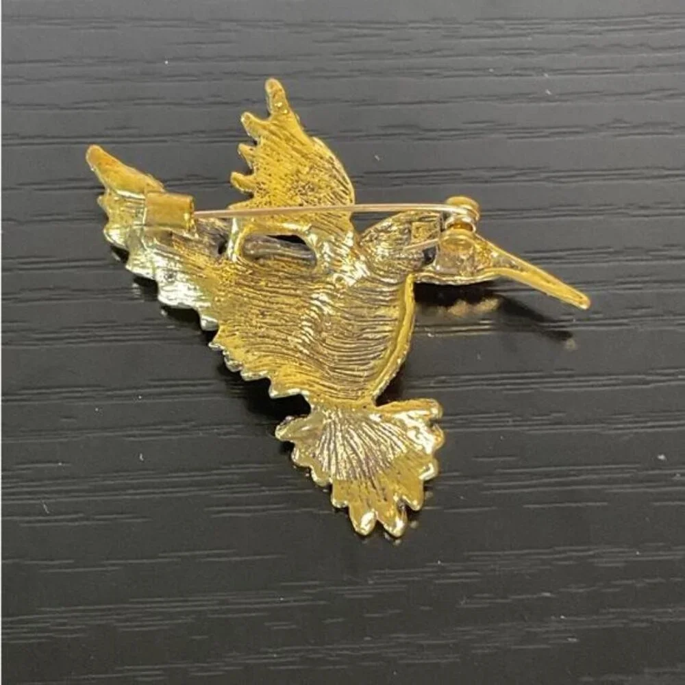 Vintage Hummingbird Brooch Pendant Combo Rhinestones Pink Green Gold-Tone Metal